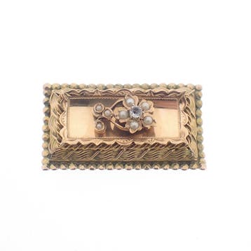 Antiek gouden broche met zirconia en parels., Gebruikt, Ophalen of Verzenden, Met edelsteen, Goud