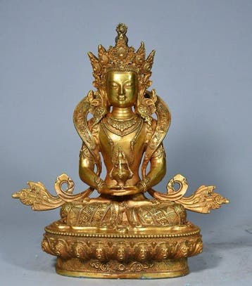 Beeld, Amitabha Buddha Seated Statue - 21 cm - Koper