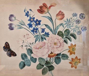 Franse school (XIX) - Mazzo di fiori con farfalla