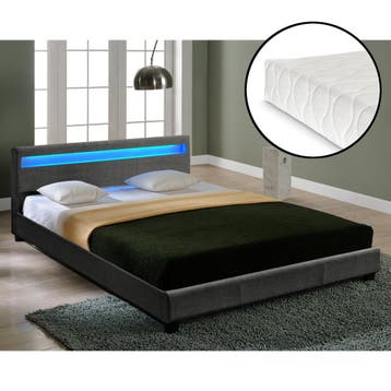 Houten bed stof LED-verlichting en matras 140x200 donkergrij, Verzenden, Nieuw