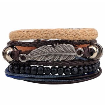 Fako Bijoux - Armband - Leder - Set Vintage - Veer Touw, Verzenden, Nieuw