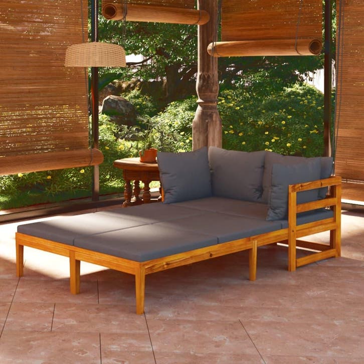vidaXL Ligbedden 2 st met donkergijze kussens acaciahout, Tuin en Terras, Tuinsets en Loungesets, Nieuw, Hardhout, Verzenden