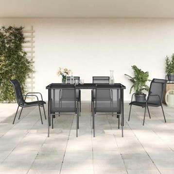 vidaXL 7-delige Tuinset textileen en staal zwart, Verzenden, 6 zitplaatsen, Nieuw, Rvs