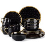 Zwart Serviesset met Gouden Rand – 16/32-delig Luxe Servies, Verzenden, Keramiek, Nieuw, Overige stijlen