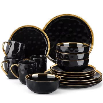 Zwart Serviesset met Gouden Rand – 16/32-delig Luxe Servies, Huis en Inrichting, Keuken | Servies, Verzenden, Keramiek, Nieuw