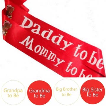Babyshower set 6-delig met 2 sjerpen en 4 buttons rood goud, Verzenden, Nieuw, Versiering, Geboorte of Huwelijk