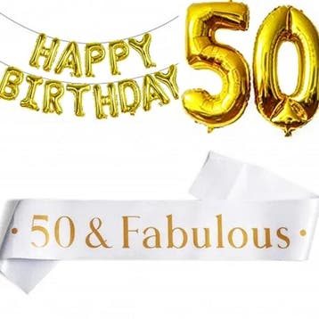 3-delige decoratie set 50 & Fabulous goud met wit, Verzenden, Nieuw, Versiering, Verjaardag