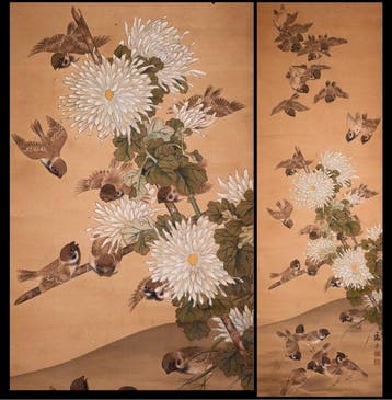 Een zwerm huismussen en witte chrysanten – hangende rol -