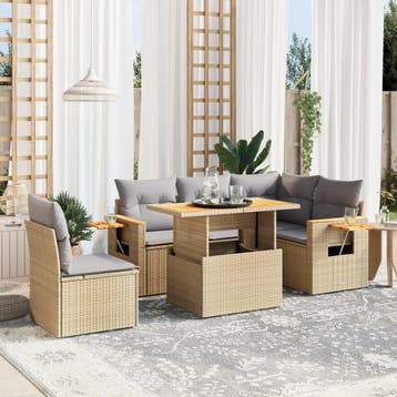 vidaXL 6-delige Loungeset met kussens poly rattan beige, Tuin en Terras, Verzenden, Nieuw, Loungeset
