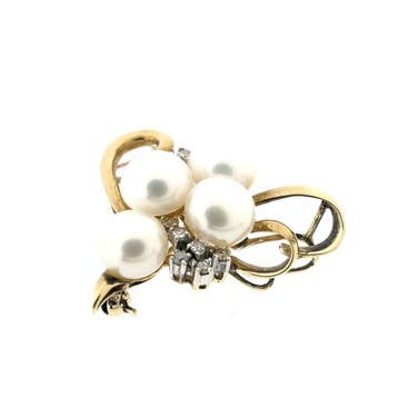 8 karaat abstracte broche met parel en diamant 0,08 ct., Gebruikt, Geel, Ophalen of Verzenden, Met edelsteen