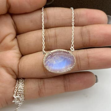 Blue Fire Maansteen Ketting 925 Zilver – Ovale Hanger, Sieraden, Tassen en Uiterlijk, Kettinghangers, Verzenden, Nieuw, Met edelsteen