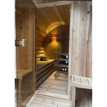 Buitensauna Barrelsauna | TR270 Halfglas | 6 pers | Showroom, Sport en Fitness, Ophalen of Verzenden, Nieuw, Fins of Traditioneel