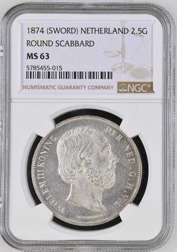 Koning Willem III 2 1/2 Gulden 1874 Zwaard MS63 NGC, Postzegels en Munten, Verzenden, Koning Willem III, Losse munt, Zilver