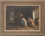 Hein Kever (1854-1922), Interieur met handwerkende moeder, Antiek en Kunst, Kunst | Schilderijen | Klassiek