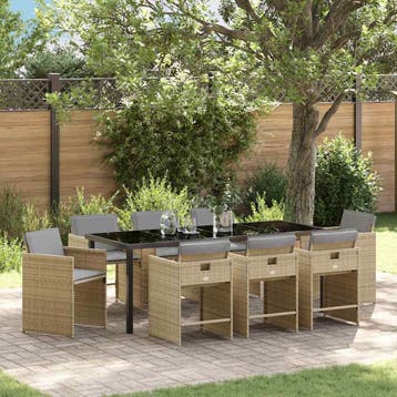 vidaXL Tuin eettafelset 9 pcs Beige poly rattan, Verzenden, Nieuw, Rotan, Meer dan 8 zitplaatsen