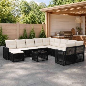 vidaXL Tuinbankenset 12 pcs Zwart en Cream Wit poly rattan, Verzenden, Nieuw, 2 zitplaatsen