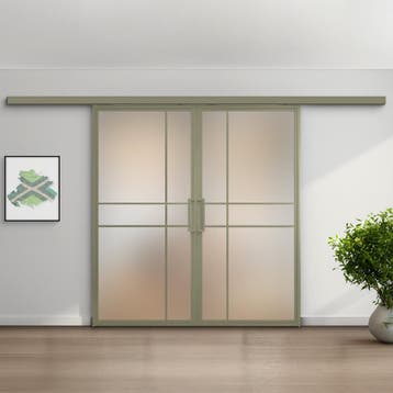 Dubbele stalen schuifdeur met koofsysteem 6 Vlaks Olijfgroen, Nieuw, Metaal, 75 tot 150 cm, 150 tot 225 cm