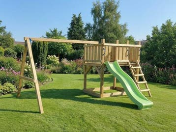 Veiling - Vrijstaande speeltoren met schommel+glijbaan 410x3, Kinderen en Baby's, Nieuw