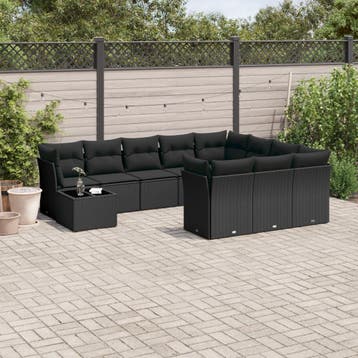 vidaXL 11-delige Loungeset met kussens poly rattan zwart, Verzenden, Nieuw, Meer dan 8 zitplaatsen, Loungeset