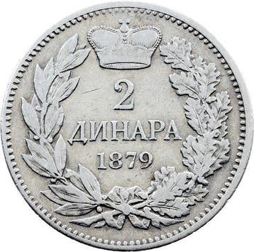 Servië. Milan Obrenovi IV. 2 Dinara 1879 (Zonder