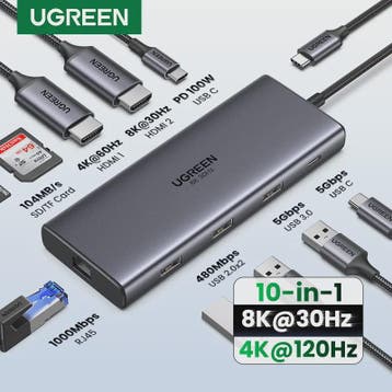 UGREEN 10-in-1 USB-C Hub: 8K/4K Dual HDMI, RJ45, USB 3.0, PD, Verzenden, Nieuw