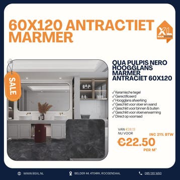 60x120 ANTRACIET MARMER -VOORRAAD=ACTIE TEGEL=GERECTIFICEERD, 60 cm of meer, Nieuw, Ophalen of Verzenden, 10 m² of meer