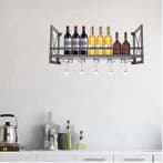 Wand Wijnrek Industrieel met Glashouder – Staal en Hout, 10, Huis en Inrichting, Woonaccessoires | Wijnrekken, Verzenden, Nieuw