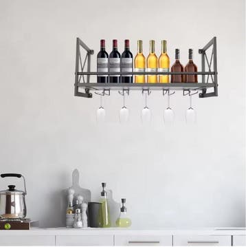 Wand Wijnrek Industrieel met Glashouder – Staal en Hout, 10, Huis en Inrichting, Woonaccessoires | Wijnrekken, Verzenden, Nieuw