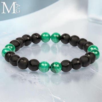 Elastisch armband met natuurlijke malachiet en satijnzwarte, Antiek en Kunst