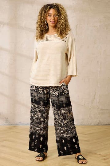 ZHENZI wijde broek randdessin print Maat:, Kleding | Dames, Verzenden, Nieuw, Overige kleuren