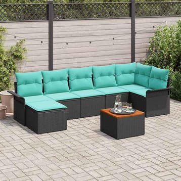vidaXL Tuinbankenset met opslag 8 pcs Zwart en Turquoise, Verzenden, Nieuw, Rotan, 8 zitplaatsen
