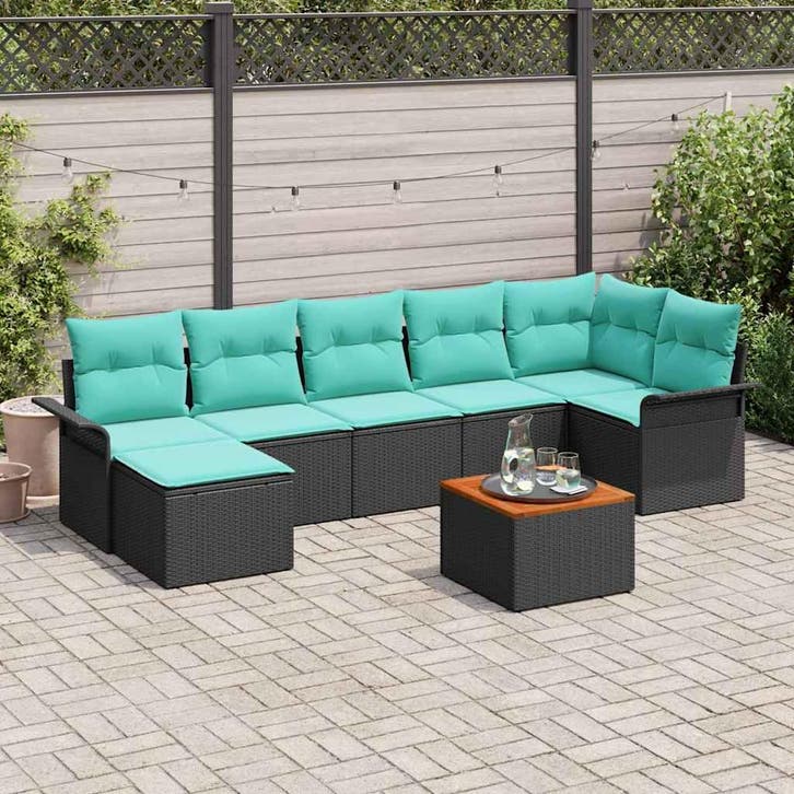 vidaXL Tuinbankenset met opslag 8 pcs Zwart en Turquoise, Tuin en Terras, Tuinsets en Loungesets, Nieuw, 8 zitplaatsen, Rotan