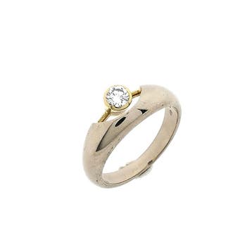 Bicolor gouden solitairring met diamant; 14 karaat; diama..., Sieraden, Tassen en Uiterlijk, Gebruikt, Ophalen of Verzenden, 17 tot 18
