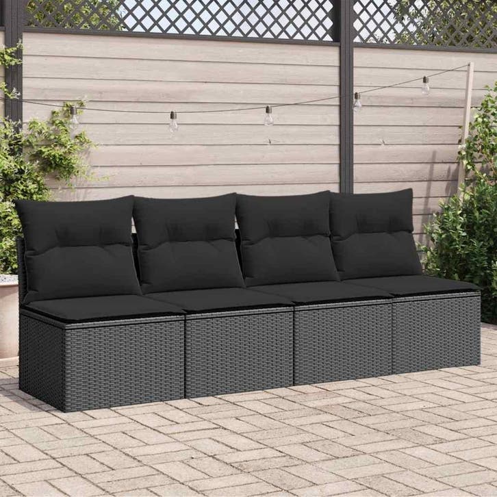 vidaXL Tuinbank met kussens 4-zits zwart poly rattan, Tuin en Terras, Tuinsets en Loungesets, Nieuw, Verzenden