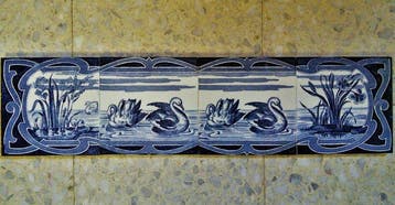 Art Nouveau Tegel (4) - Tegeltableau van 4 tegels met zwanen, Antiek en Kunst