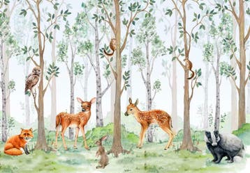 Aquarel Bos behang Bosdieren, babykamer, kinderkamer op maat, Verzenden, Nieuw, Wanddecoratie