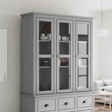 vidaXL Kast met glazen deuren BODO massief grenenhout grijs, 100 tot 150 cm, Verzenden, 100 tot 150 cm, Nieuw