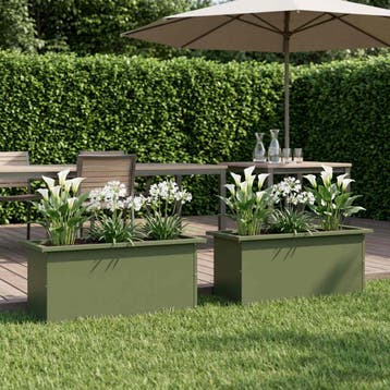 vidaXL Plantenbak met led 2 st Olijfgroen 30 x 80 x 30 cm, Verzenden, Nieuw, Metaal, 60 tot 100 cm