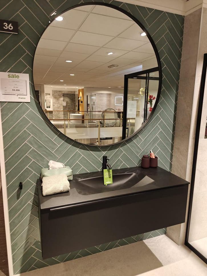 Badmeubel 100cm mat zwart greeploos met ronde spiegel - 0027, Huis en Inrichting, Badkamer | Badkamermeubels, Nieuw, 50 tot 100 cm