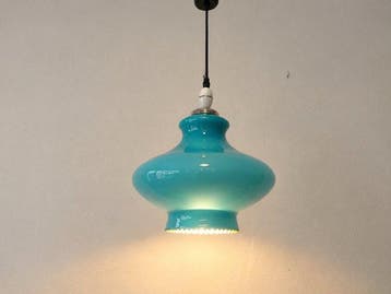 Lamp - Vintage hanglamp van opaalglas in turkooisblauw /