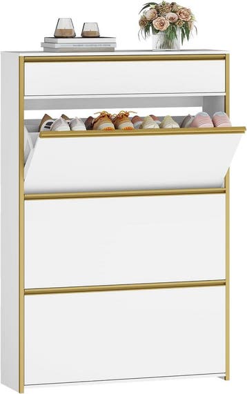 Schoenenkast - Schoenenrek - 80x24x137 cm - Wit/Goud - HEXCE, Verzenden, Zo goed als nieuw
