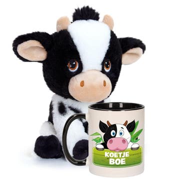 Koe knuffel en mok cadeauset - pluche - 18 cm - 300 ml, Verzenden, Nieuw