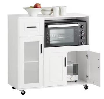 Wit Dressoir op Wielen met Lade & Glazen Deur – 89 cm, Huis en Inrichting, Keuken | Keukenelementen, Verzenden, Nieuw