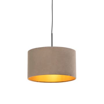 Hanglamp met velours kap taupe met goud 35 cm - Combi, Verzenden, Nieuw, Country-rustic
