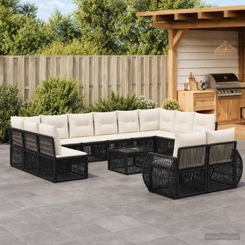 vidaXL Tuinbankenset 13 st Zwart en Cream Wit poly rattan, Tuin en Terras, Verzenden, Nieuw, 3 zitplaatsen