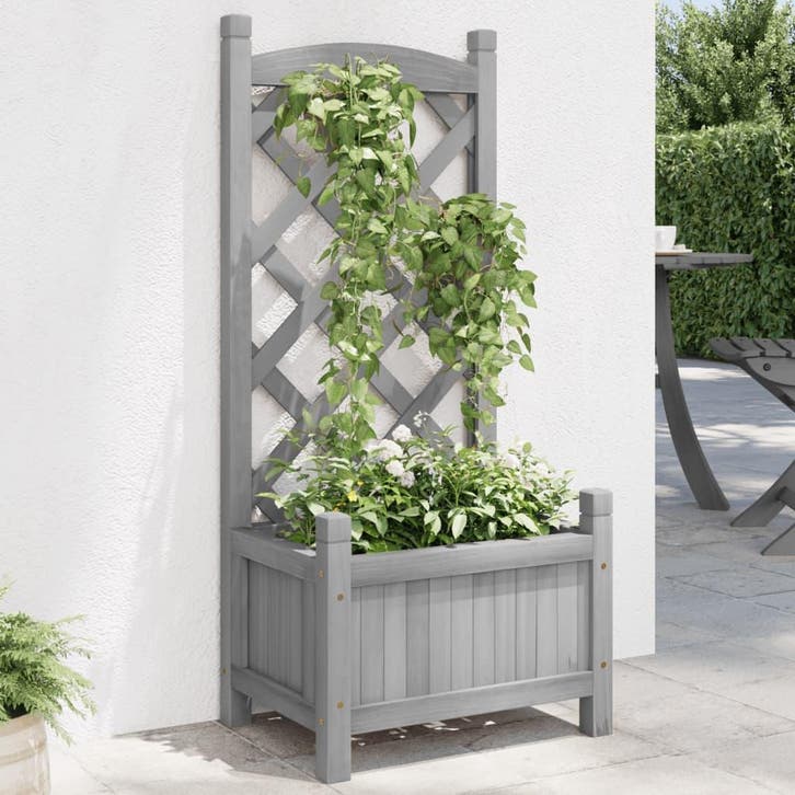 vidaXL Plantenbak met latwerk massief vurenhout grijs, Tuin en Terras, Bloembakken en Plantenbakken, Nieuw, Hout, Verzenden