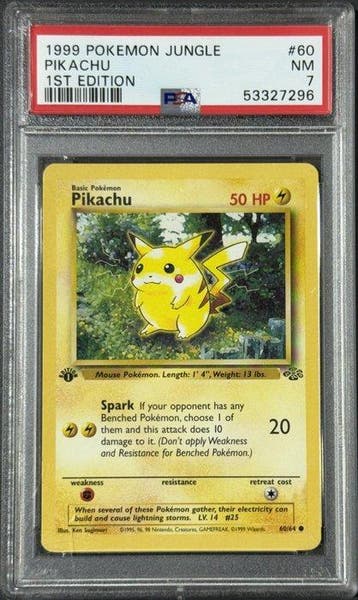 Pokémon - 1 Graded card - Pikachu First edition - PSA 7, Hobby en Vrije tijd, Nieuw