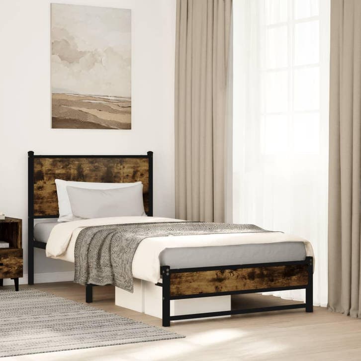 vidaXL Bedframe zonder matras metaal gerookt eikenkleurig, Huis en Inrichting, Slaapkamer | Bedden, 80 cm, 200 cm, Bruin, Eenpersoons