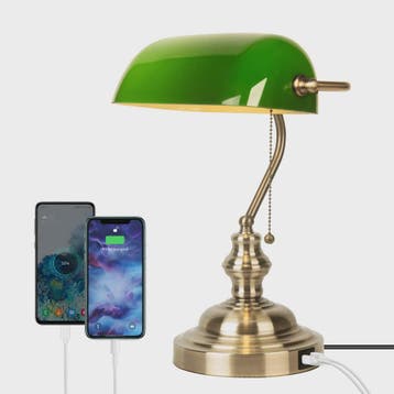 Groene Bankierslamp met 2 USB-poorten en Messing Voet - Klas, Verzenden, Nieuw