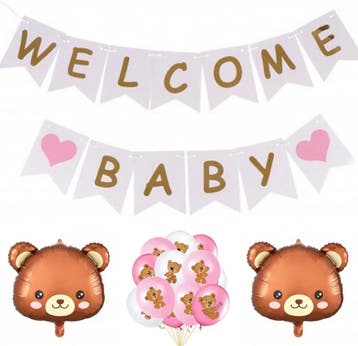 Set Welcome Baby Girl met slingers en beren ballonnen, Ophalen of Verzenden, Nieuw, Versiering, Geboorte of Huwelijk